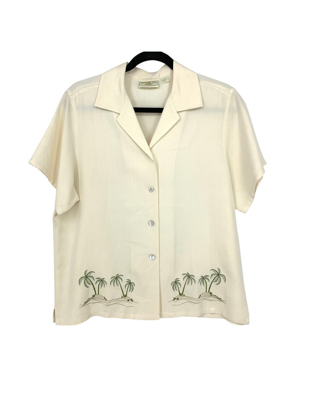 Banana Bay Resortwear Button Front Short Sleeve Shirt Sz L Silk Cream Palm Tree